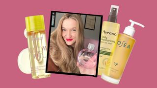 A collage of an Allure editor holding a Chanel body oil mist alongside other product silos and product swatches on a...