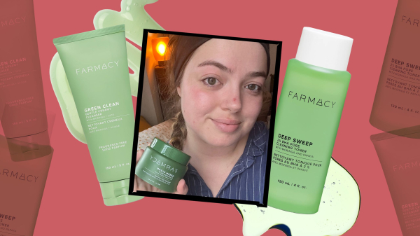 A collage of an Allure editor holding a jar of Farmacy cleansing balm alongside other Farmacy product silos and green...