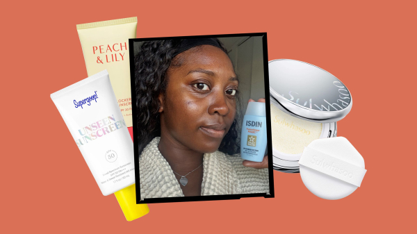 Image contains Allure associate beauty editor Annie BlayTettey applying the Isdin Fusion Water Magic SPF 40 surrounded...